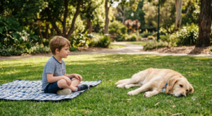 Ein kleiner Junge sitzt in sicherem, respektvollem Abstand zu einem entspannten Hund und beobachtet dessen Körpersprache aufmerksam, statt ihn zu bedrängen.