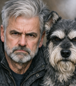 Grimmig guckender, grauhaariger Mann mit grauem Bart neben grimmig guckendem Hund mit grauem Fell und buschigem Bart.