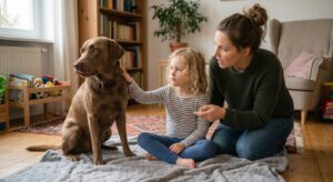 Ein Kind sitzt neben einem Hund, der den Kopf leise abwendet, während eine Mutter das Verhalten aufmerksam beobachtet und erklärt.