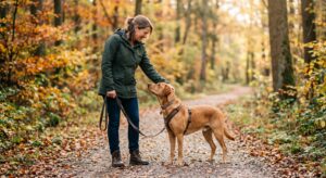 Eine Halterin blickt ihrem Hund aufmerksam und ruhig in die Augen, während beide in entspannter Haltung nebeneinander stehen.